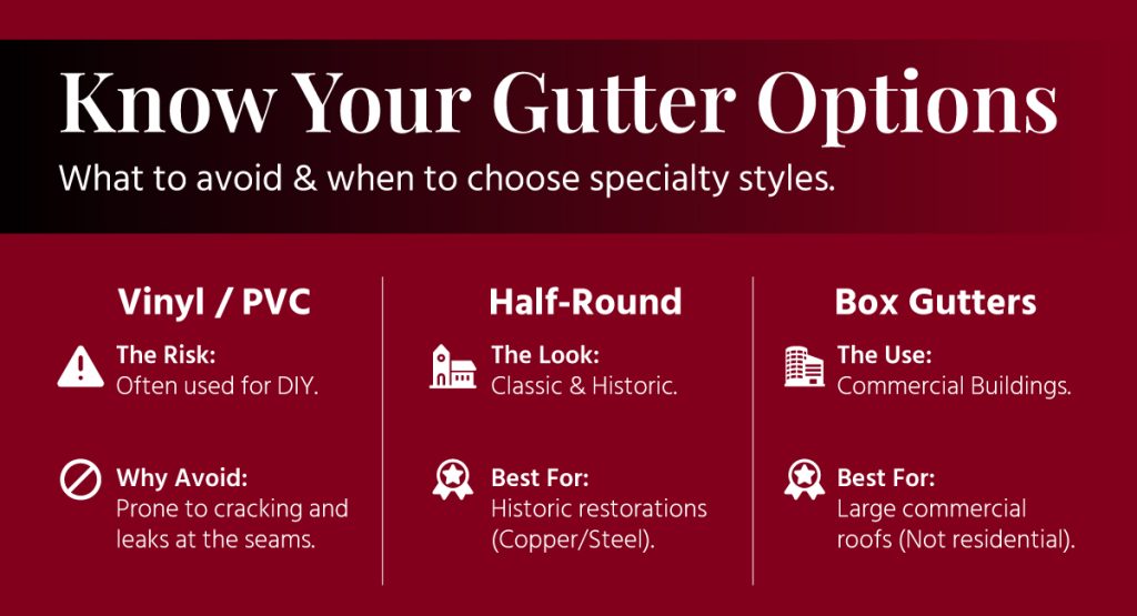 Comparison of gutter materials including Vinyl PVC vs Half-Round and Box Gutters for Central PA homeowners