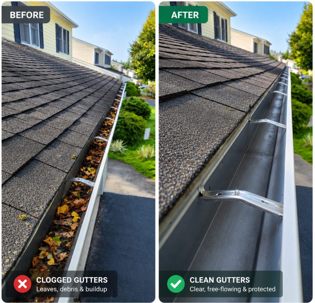 gutter cleaning before and after removal of leaves and debris